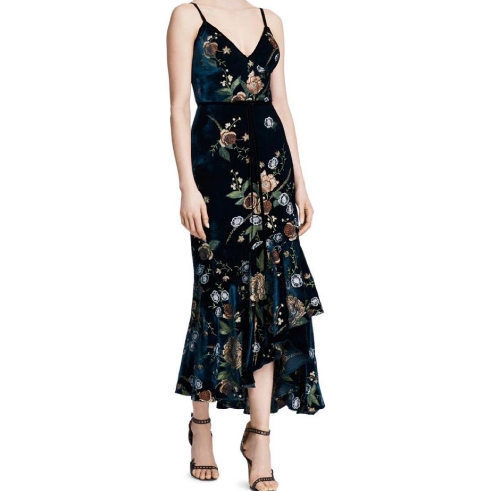 Marchesa Notte Ruffled and Embroidered Velvet Detail Midi Dress Teal